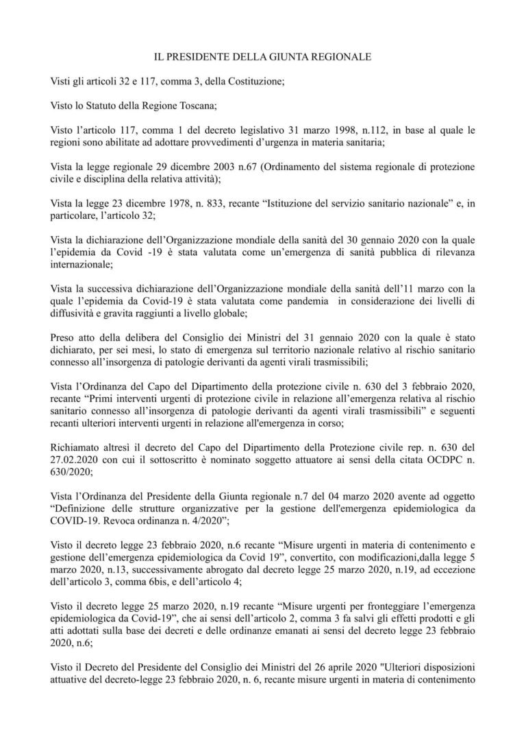 Scopri di più sull'articolo 🔴Questo il testo dell’ordinanza sulle riaperture in Toscana